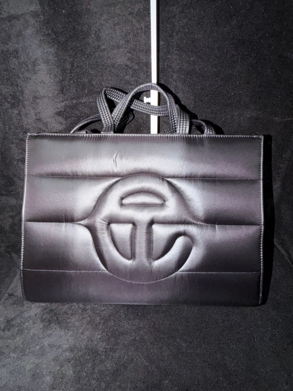 Black Quilted Leather Tote Bag with Embossed Logo